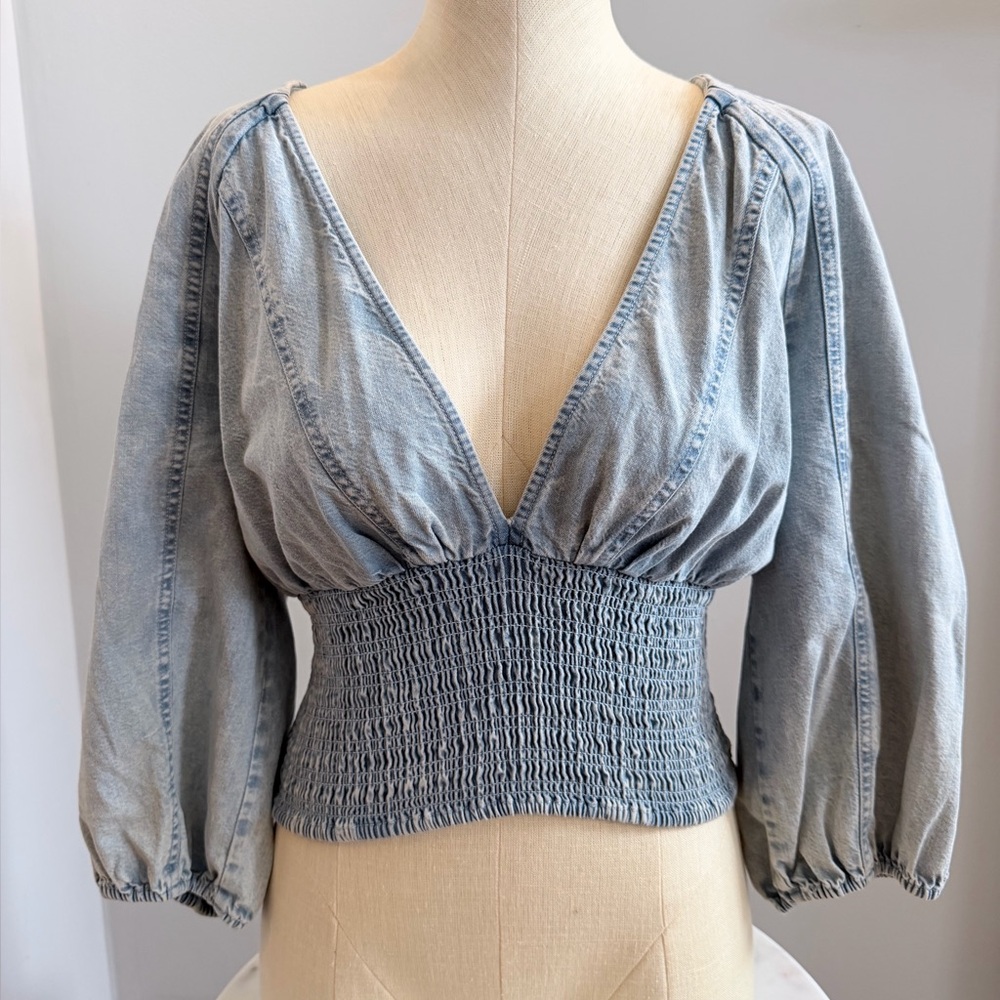 Free People Light Wash Denim V-Neck Smocked Crop Top